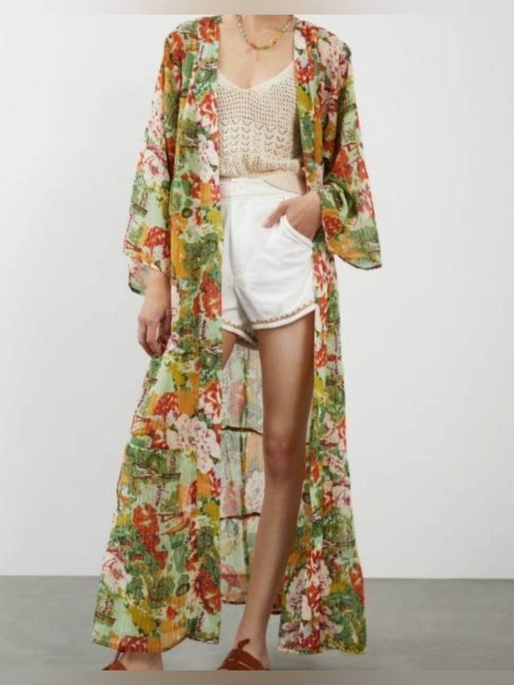 Anthropologie Floral Maxi Kimono in Green, Orange & Red